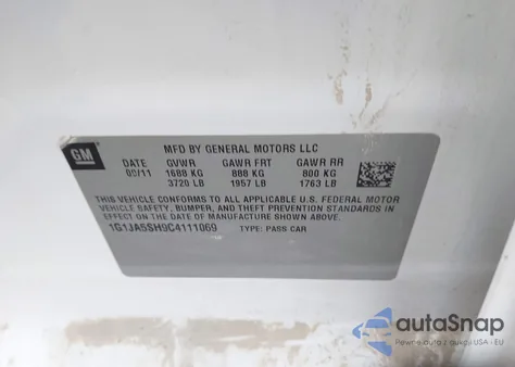 2012 Chevrolet Sonic 2Ls from USA, damaged, VIN 1G1JA5SH9C4111069